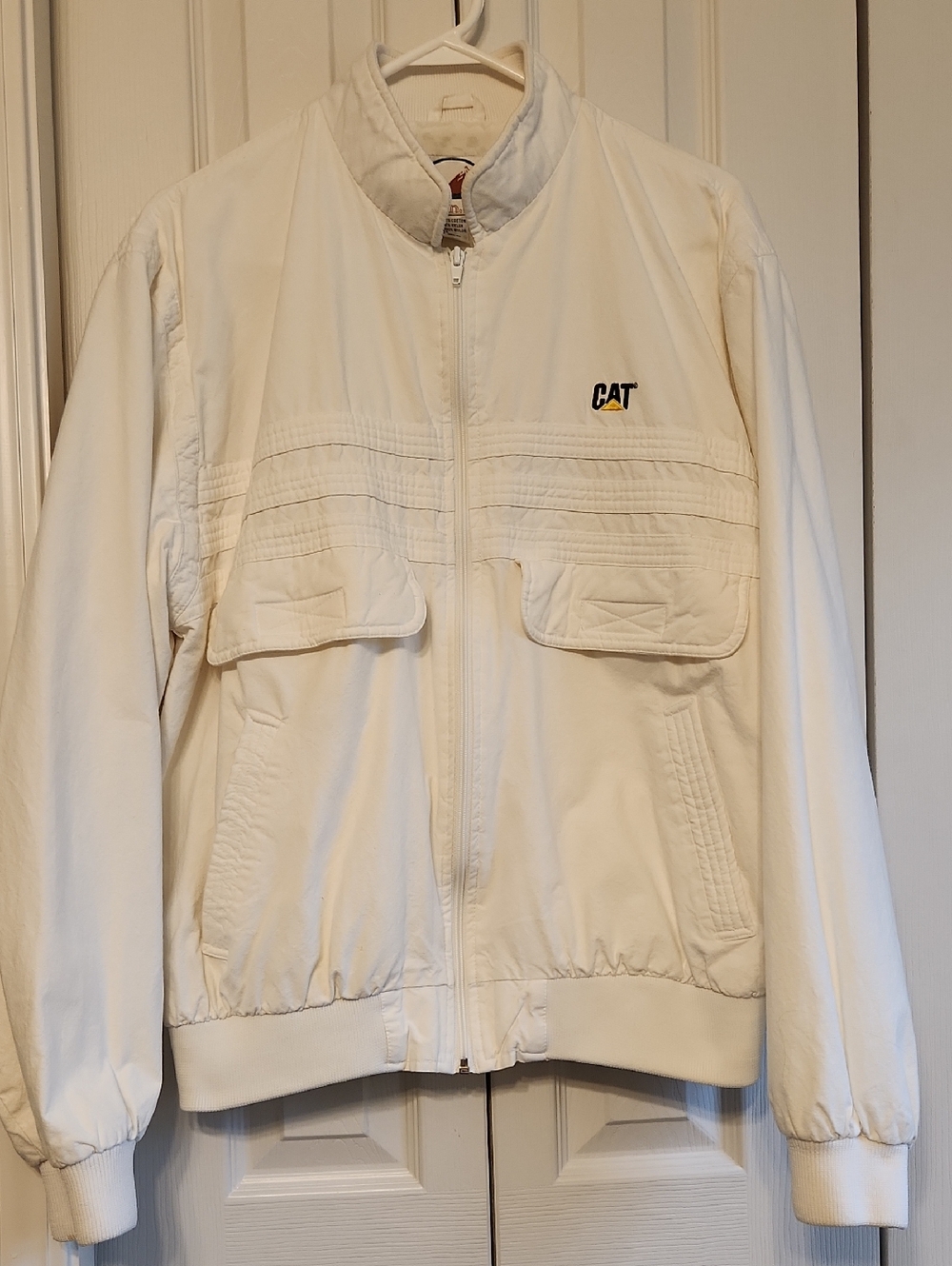 CAT  Emboidered Vintage White Zip Up Double Pocket Jacket Size XL